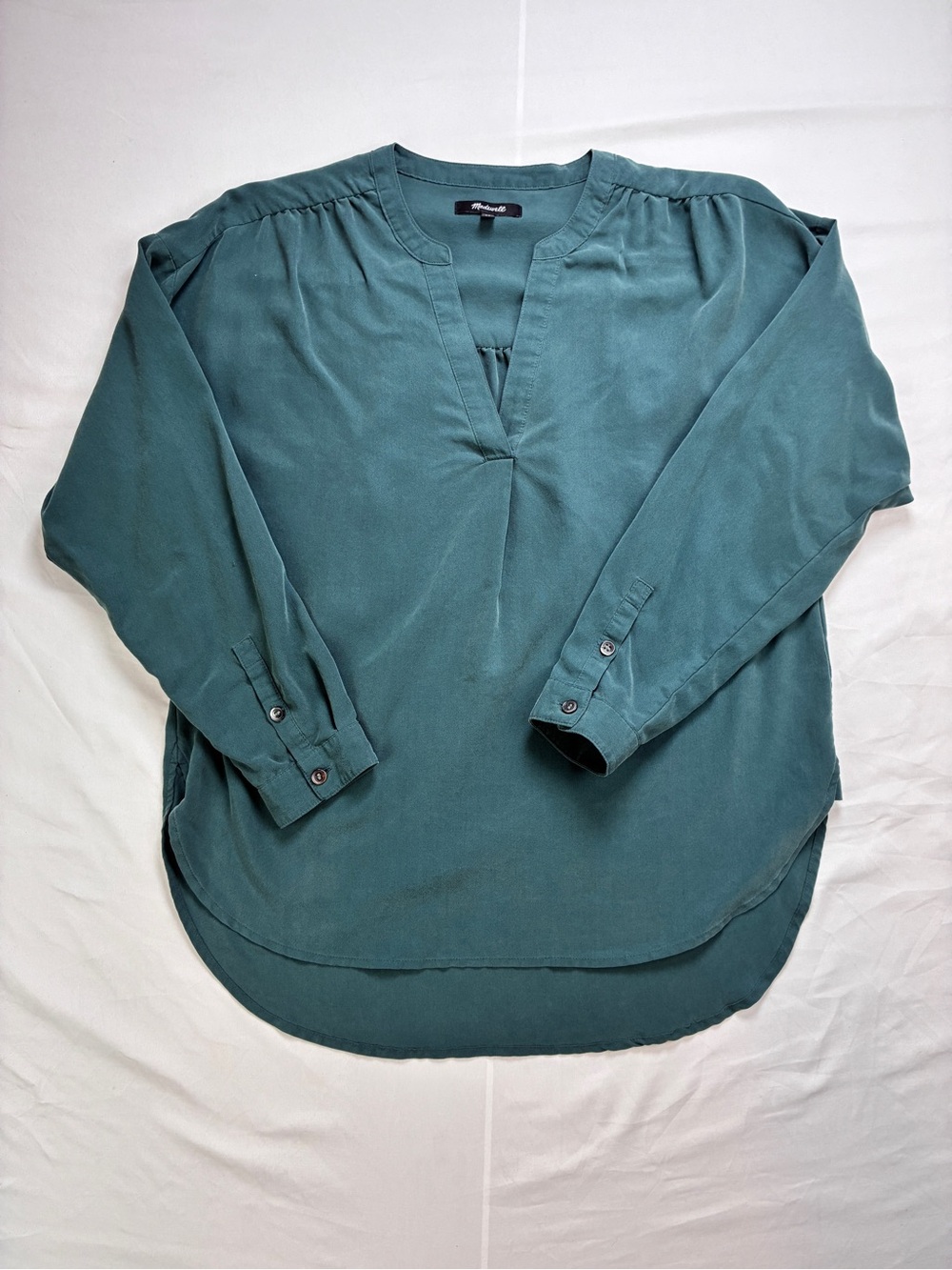 Madewell Sandwashed Popover Top Teal Button-Cuff Long-Sleeve Casual Shirt